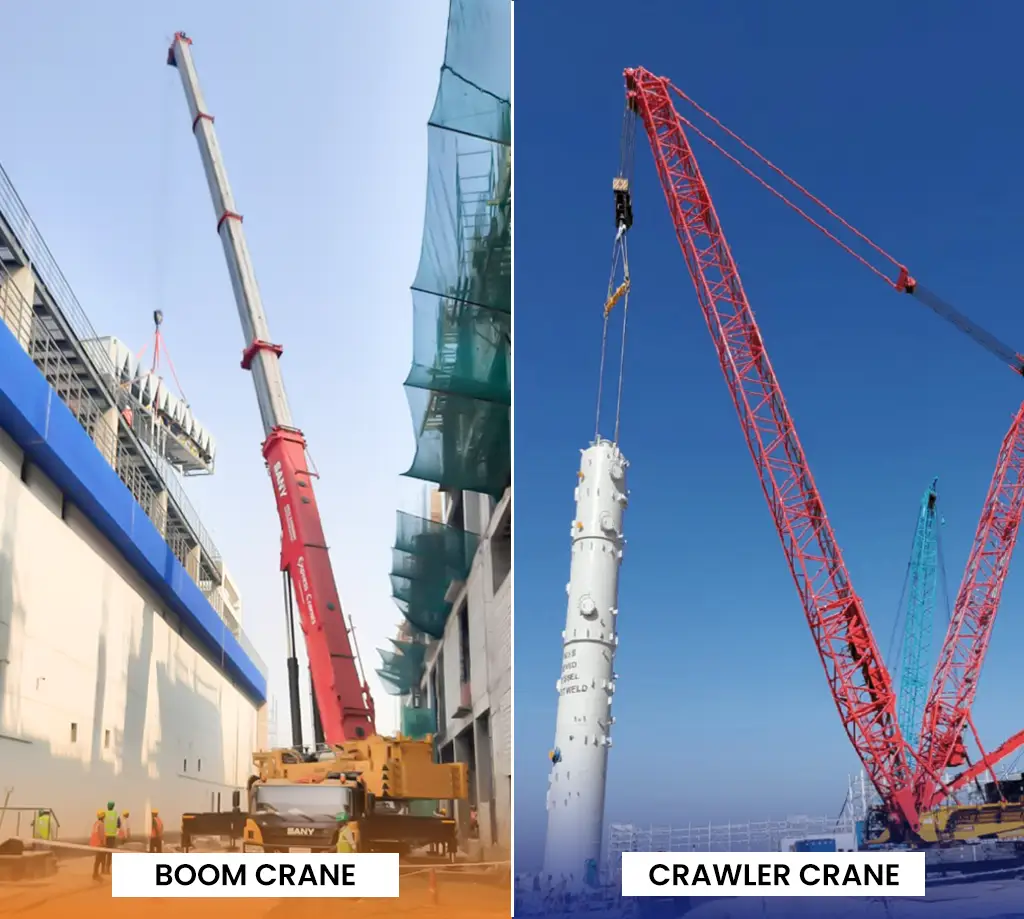 Comparison between a boom crane and crawler crane at construction sites