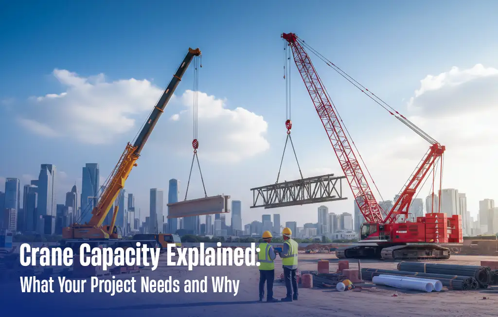 Two cranes lifting steel beams on a construction site with city skyline in background