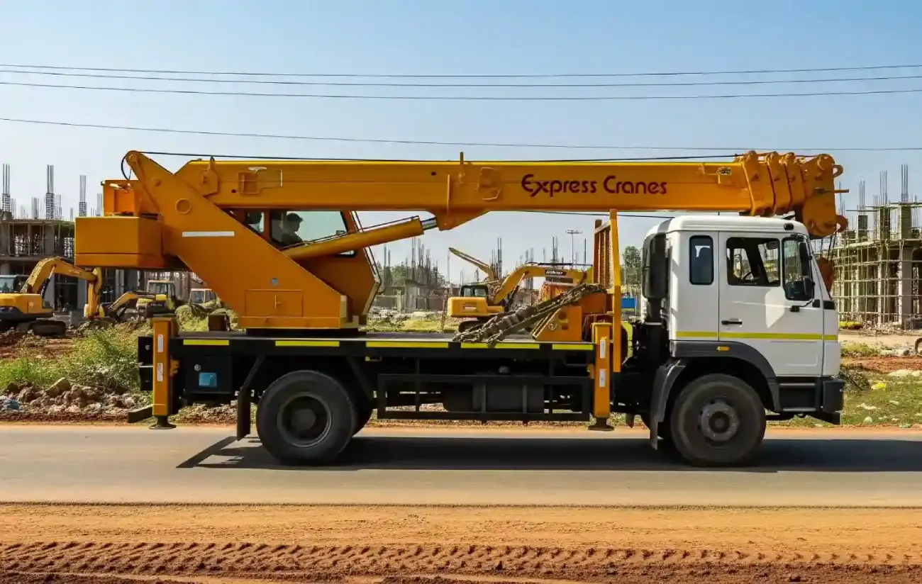 Truck-mounted telescopic boom crane driving to project