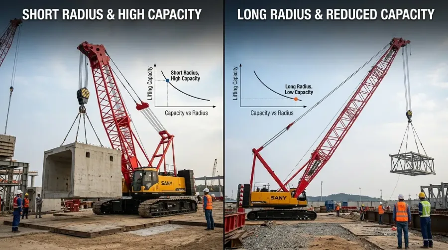 crane lifting capacity comparison at different boom lengths and working radius