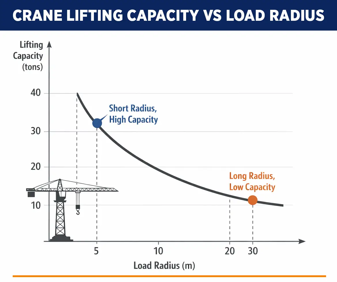 Diagram explaining how crane capacity reduces as lifting radius increases