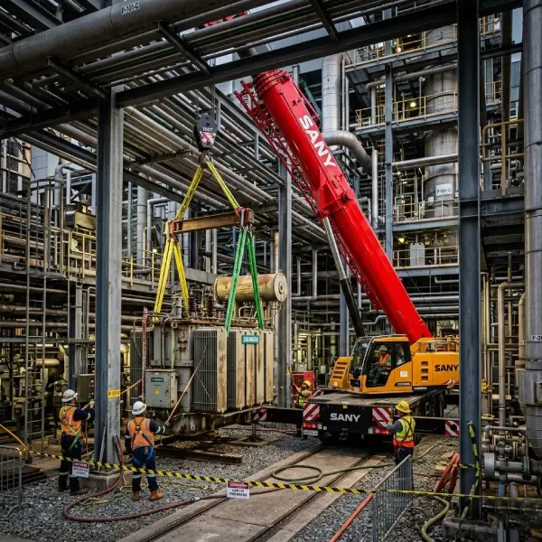 mobile crane lifting heat exchanger inside confined industrial plant layout