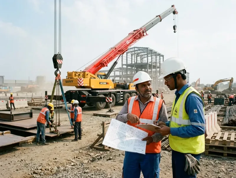 crane operator reviewing crane load chart before heavy lifting operation