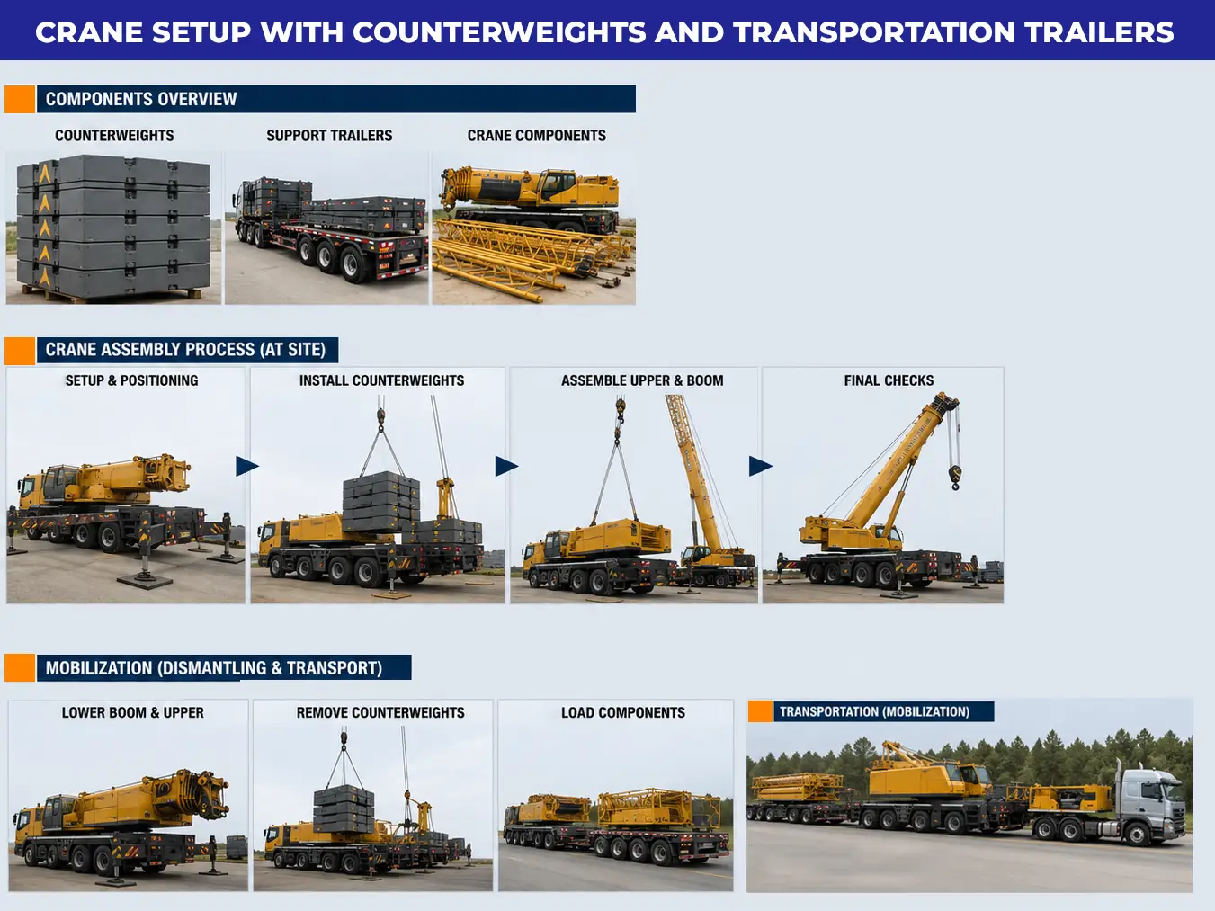 heavy crane mobilization with counterweights and transport trailers