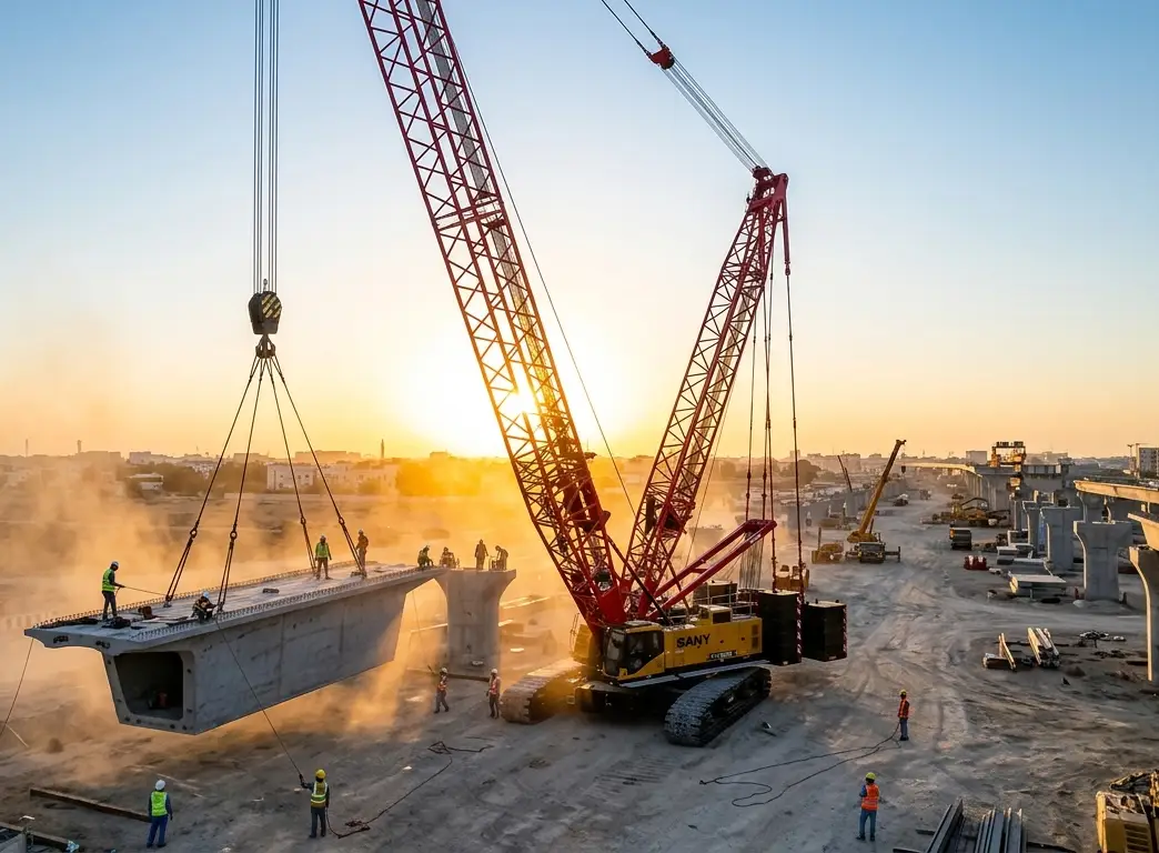 Heavy crawler crane lifting precast bridge girder during highway infrastructure construction