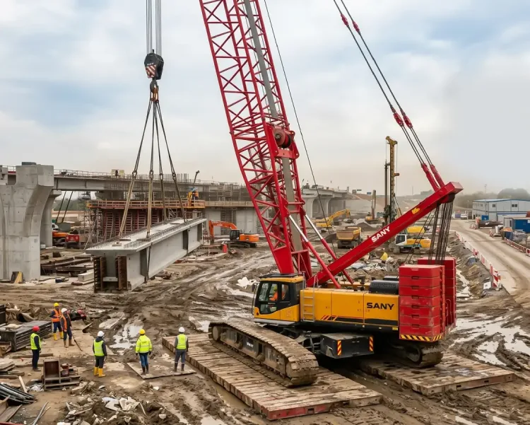 crawler crane setup with crane mats for safe heavy lifting operation