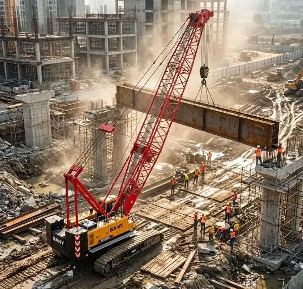 Large crawler crane operating on rough terrain at infrastructure construction project site
