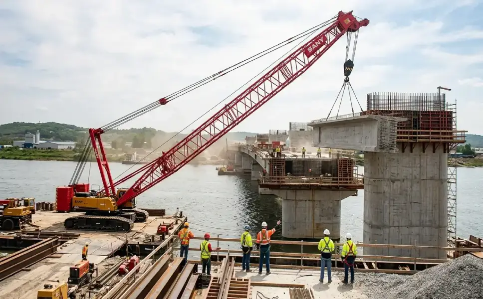 Crawler crane lifting bridge segment at long radius near pier structure in infrastructure project