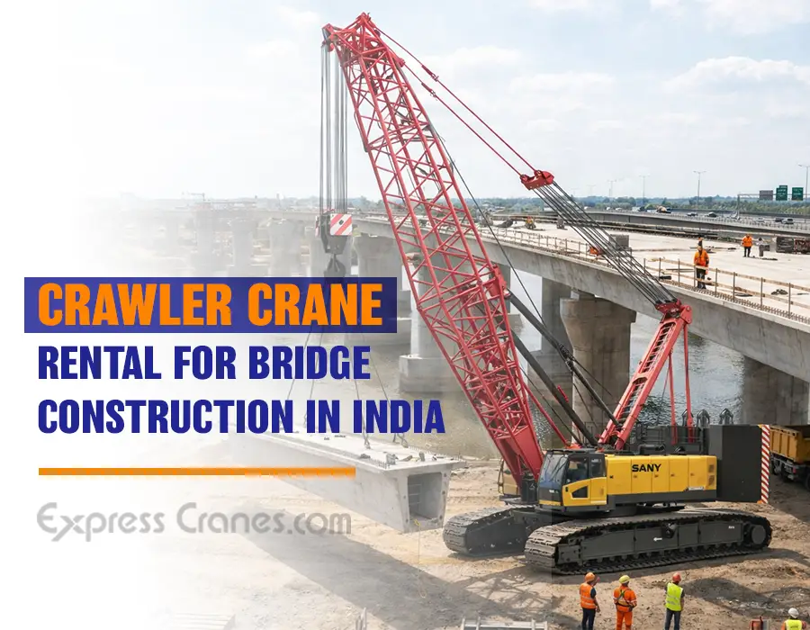 crawler crane lifting bridge girders at construction site in India