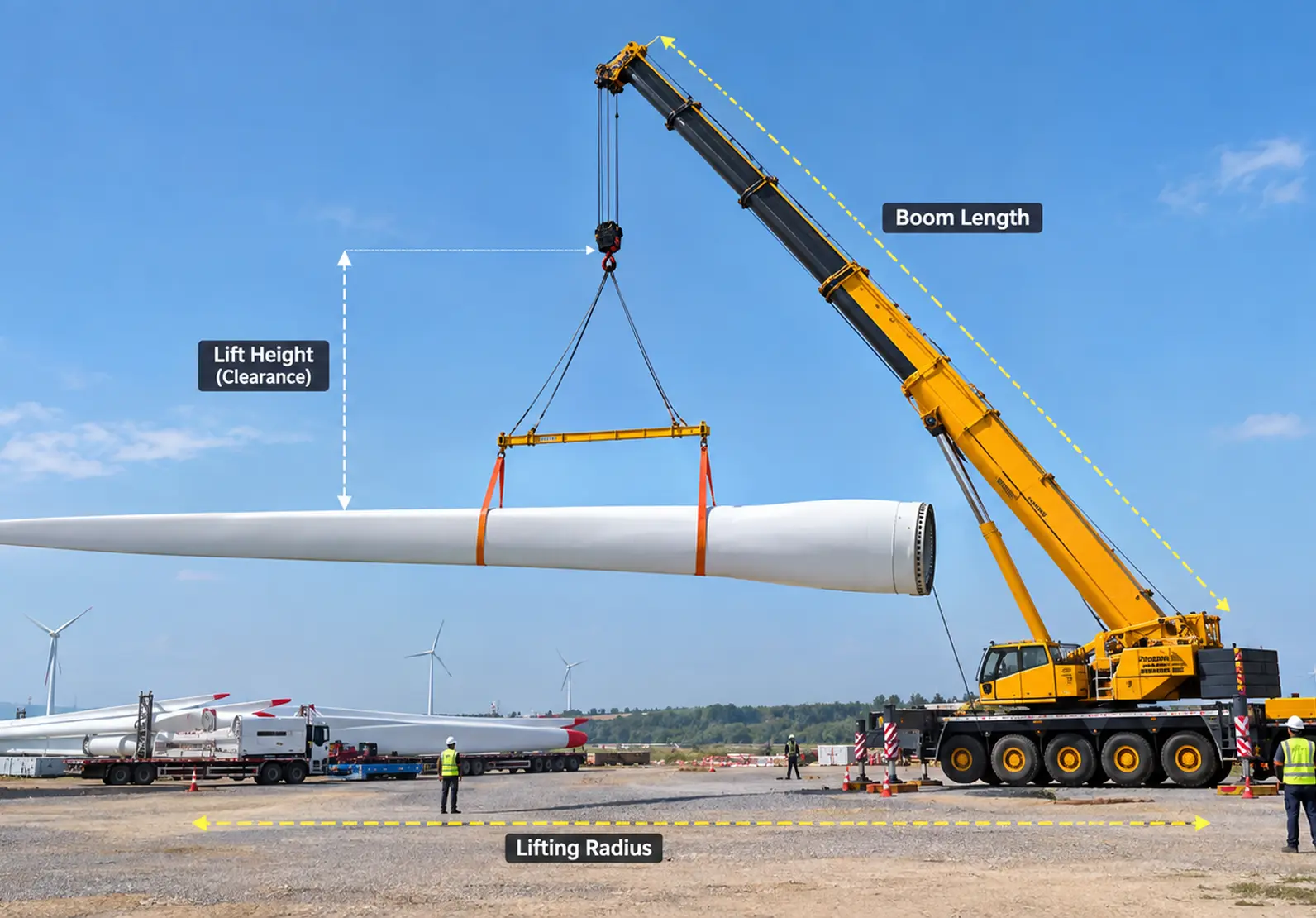 Crane lifting wind turbine blade during installation