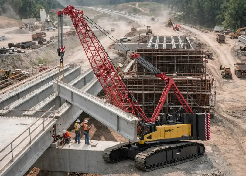 crawler crane installing multiple bridge girders in sequence during infrastructure project