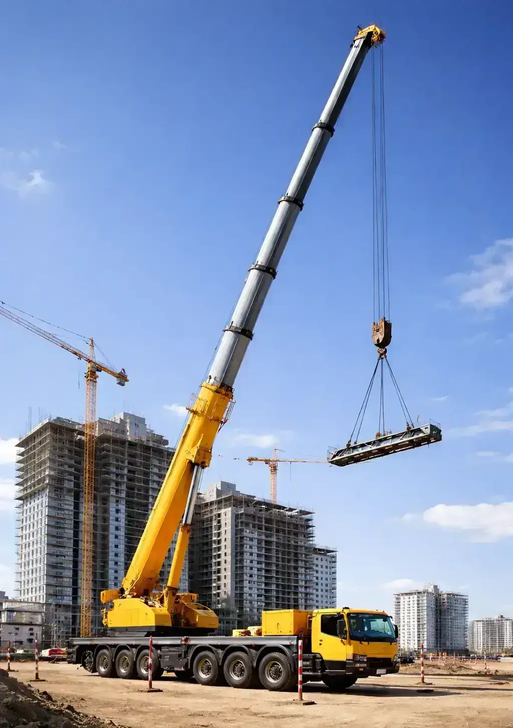 Telescopic crane extended to height showing capacity change with boom length