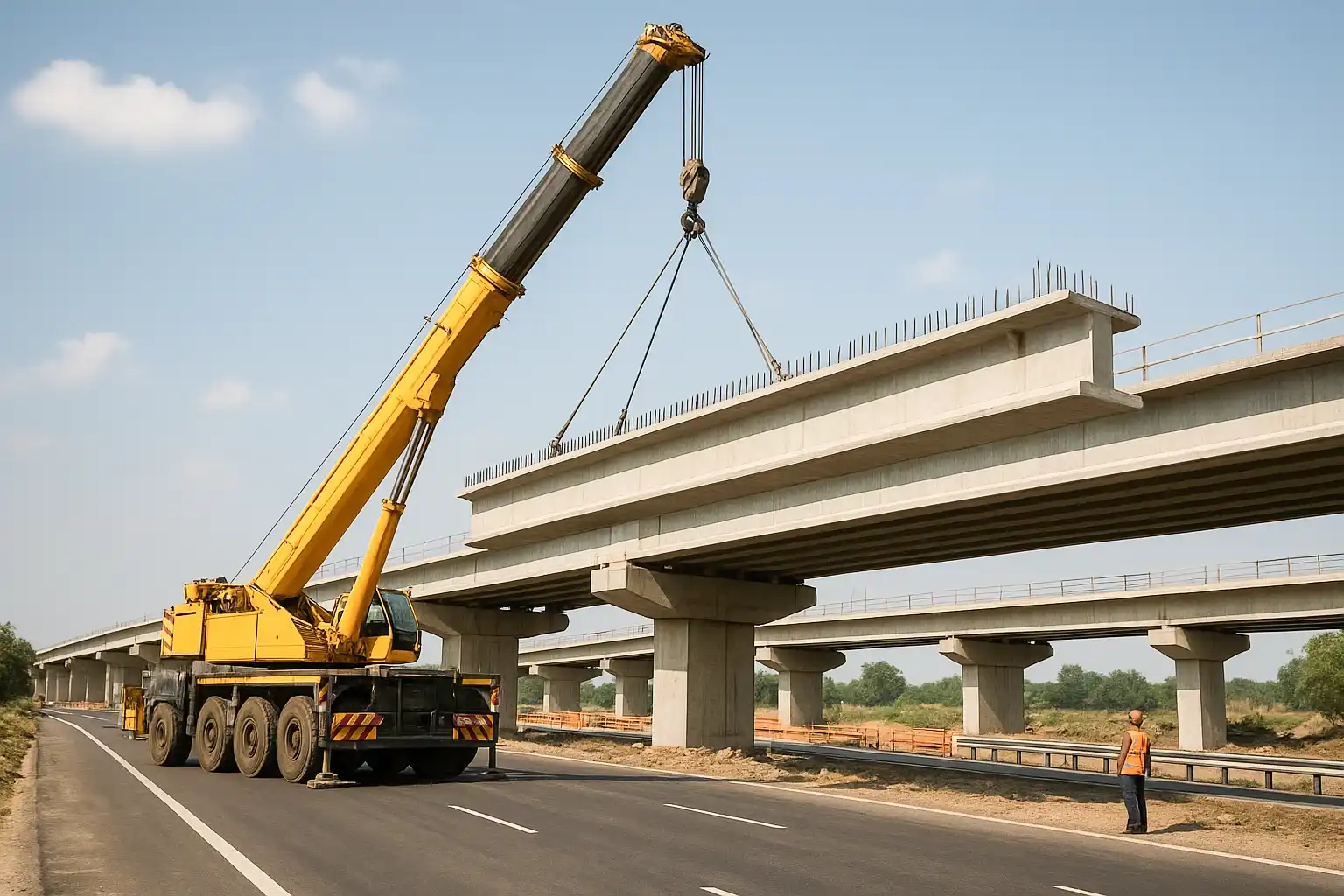 Truck mounted crane lifting bridge beams on an Indian highway