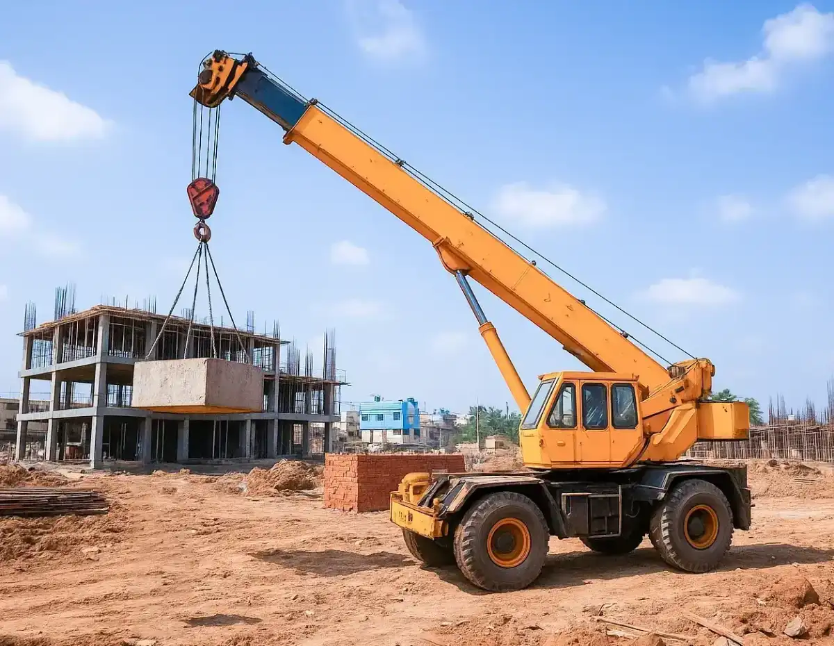 Tyre mounted crane lifting steel beams on an Indian construction site